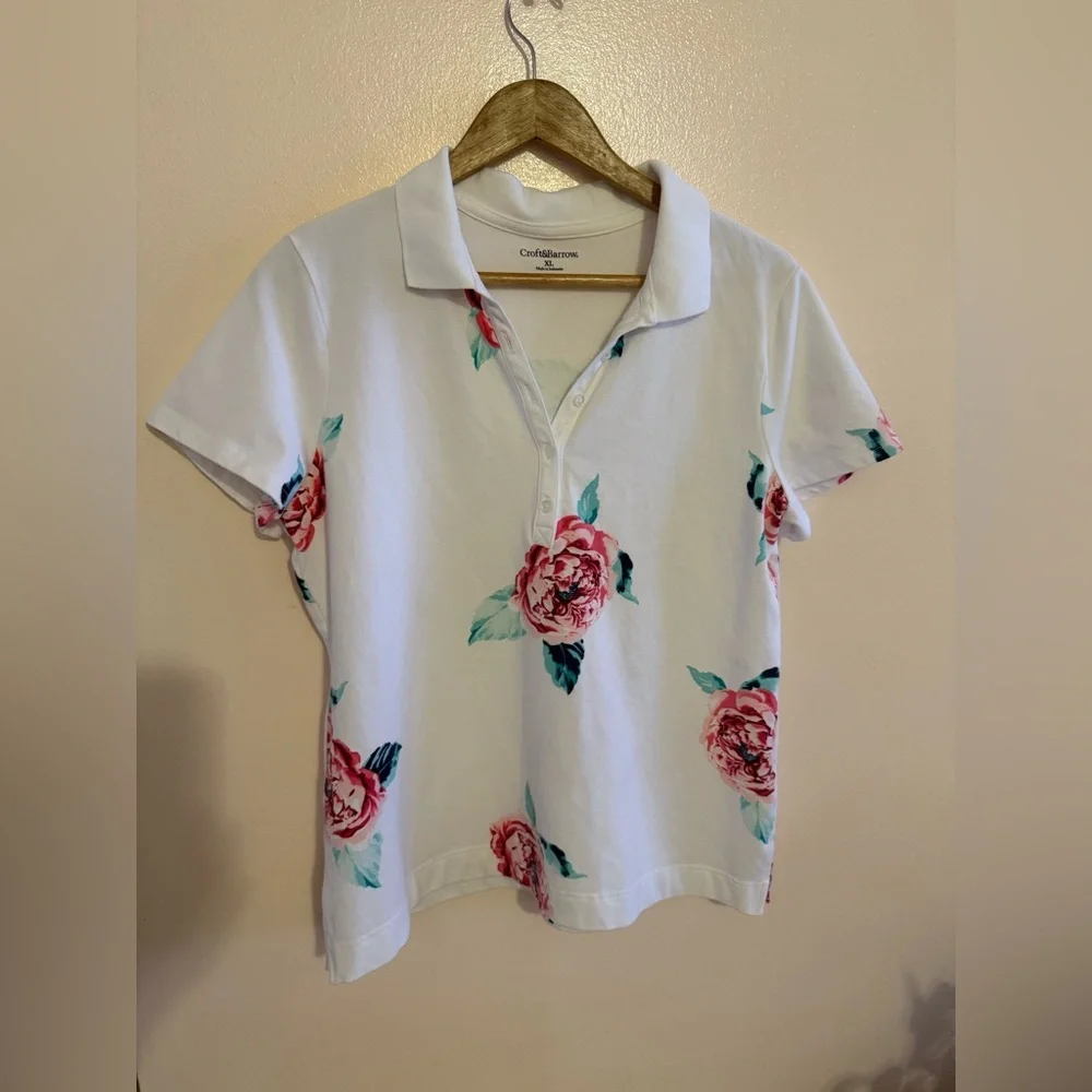 Croft & Barrow White Pink Rose Print Button Neck Polo Shirt size XL - Picture 16 of 16
